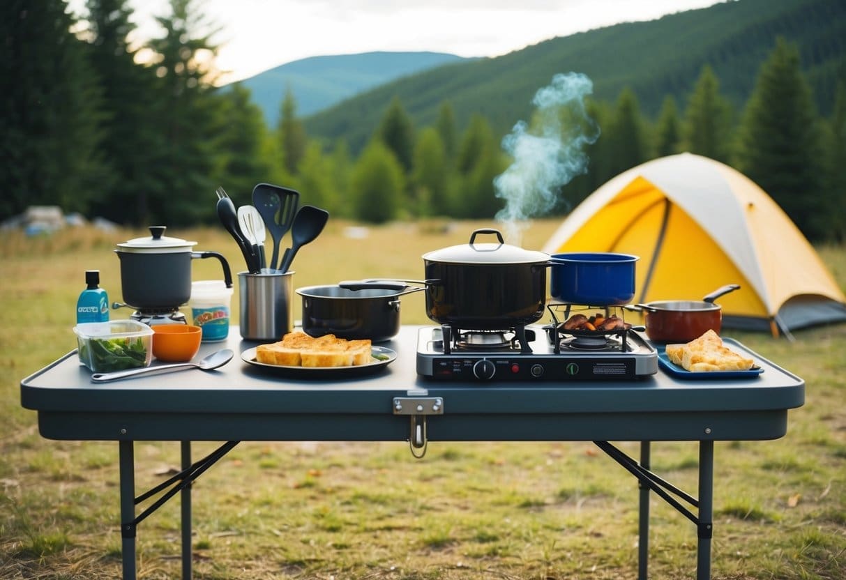 A camping kitchen with neatly organized cooking utensils, food supplies, and a portable stove set up on a sturdy table in the middle of a scenic outdoor campsite