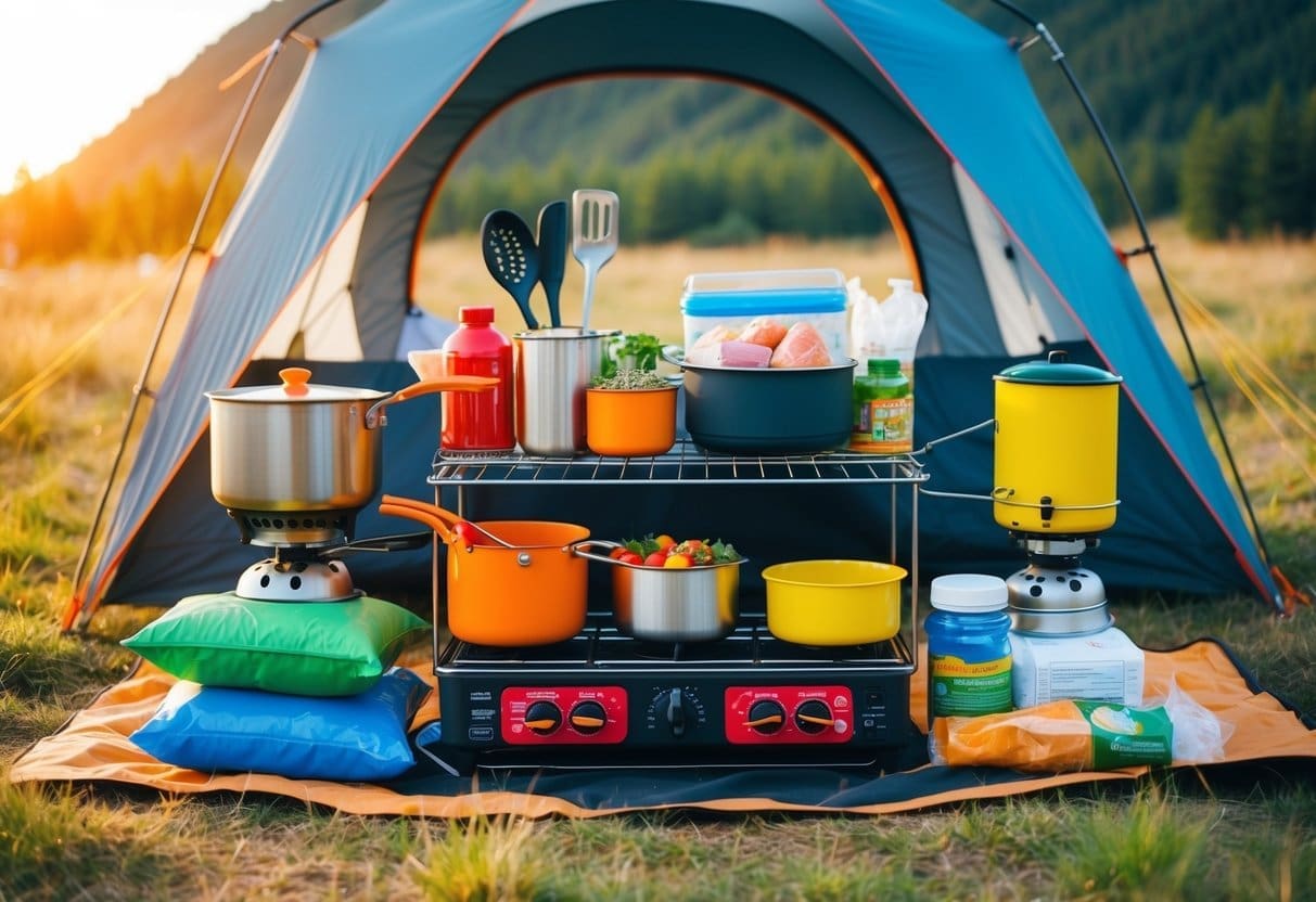 A camping kitchen setup with neatly organized cooking utensils, food supplies, and a portable stove surrounded by a scenic outdoor backdrop