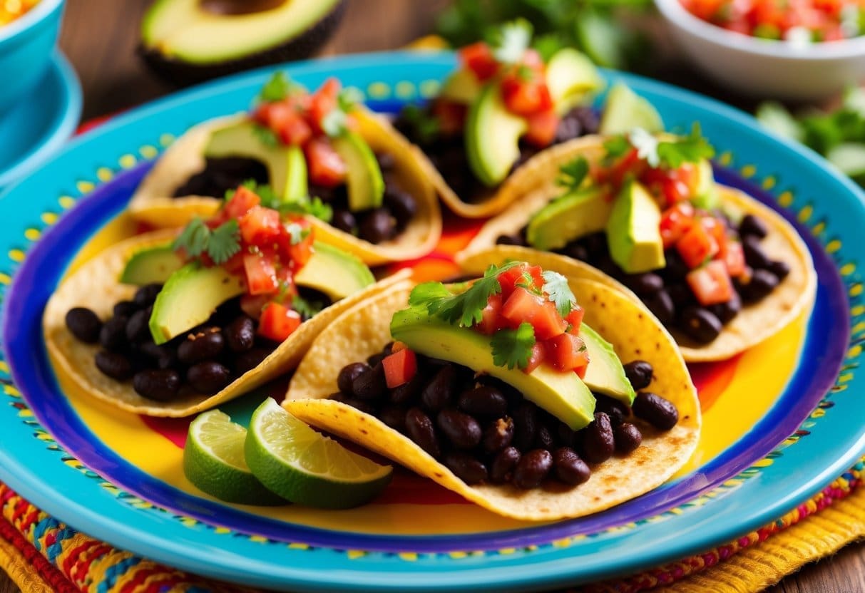 A campfire surrounded by a variety of colorful ingredients for zesty black bean tacos, with a van in the background