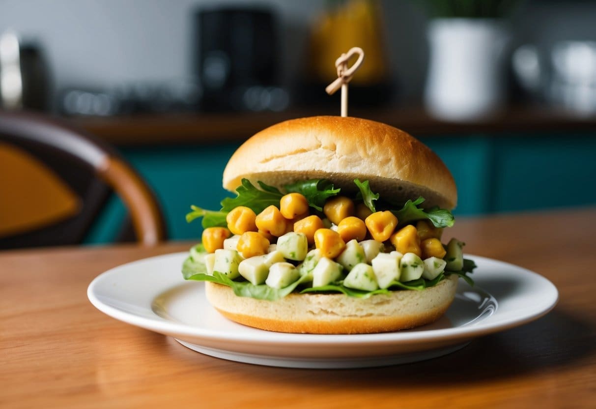 A picnic table set with chickpea salad sandwiches, surrounded by a lush forest and a van in the background