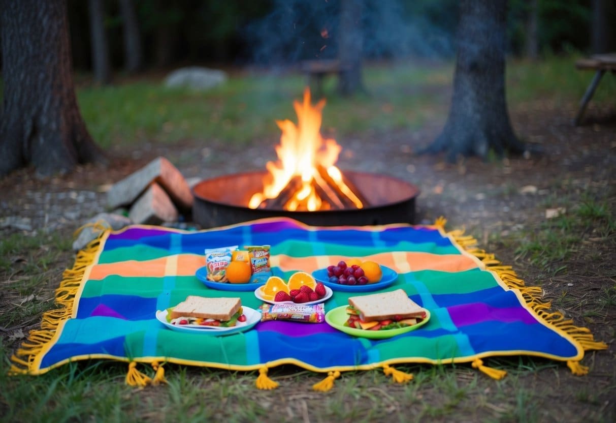 A colorful campsite with a picnic blanket spread out, surrounded by trees and a crackling campfire. On the blanket are various kid-friendly snacks like fruit, sandwiches, and granola bars