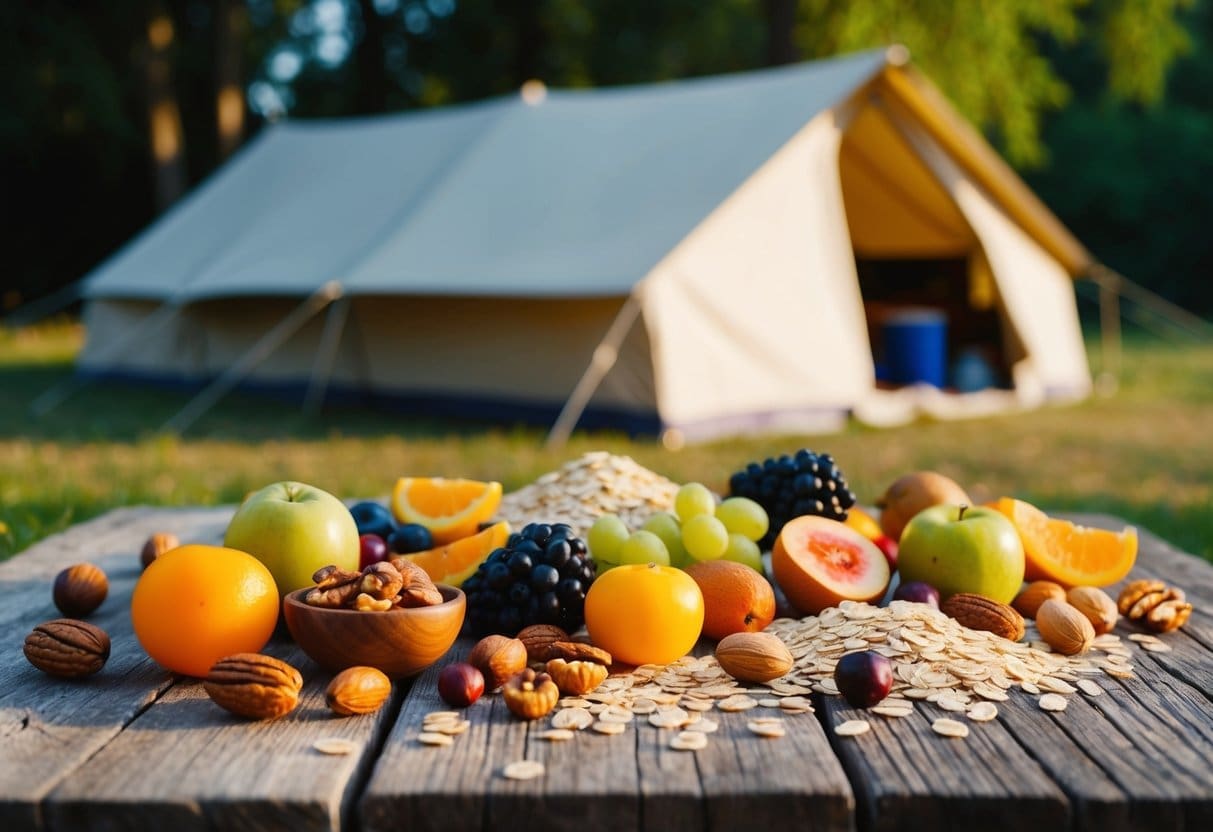 A colorful array of fruits, nuts, and oats scattered on a rustic wooden table, with a camping backdrop of a tent and trees in the background