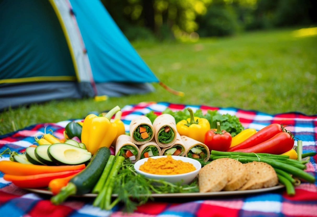 A colorful array of fresh vegetables, wraps, and hummus spread out on a checkered picnic blanket in a lush, sunny camping spot