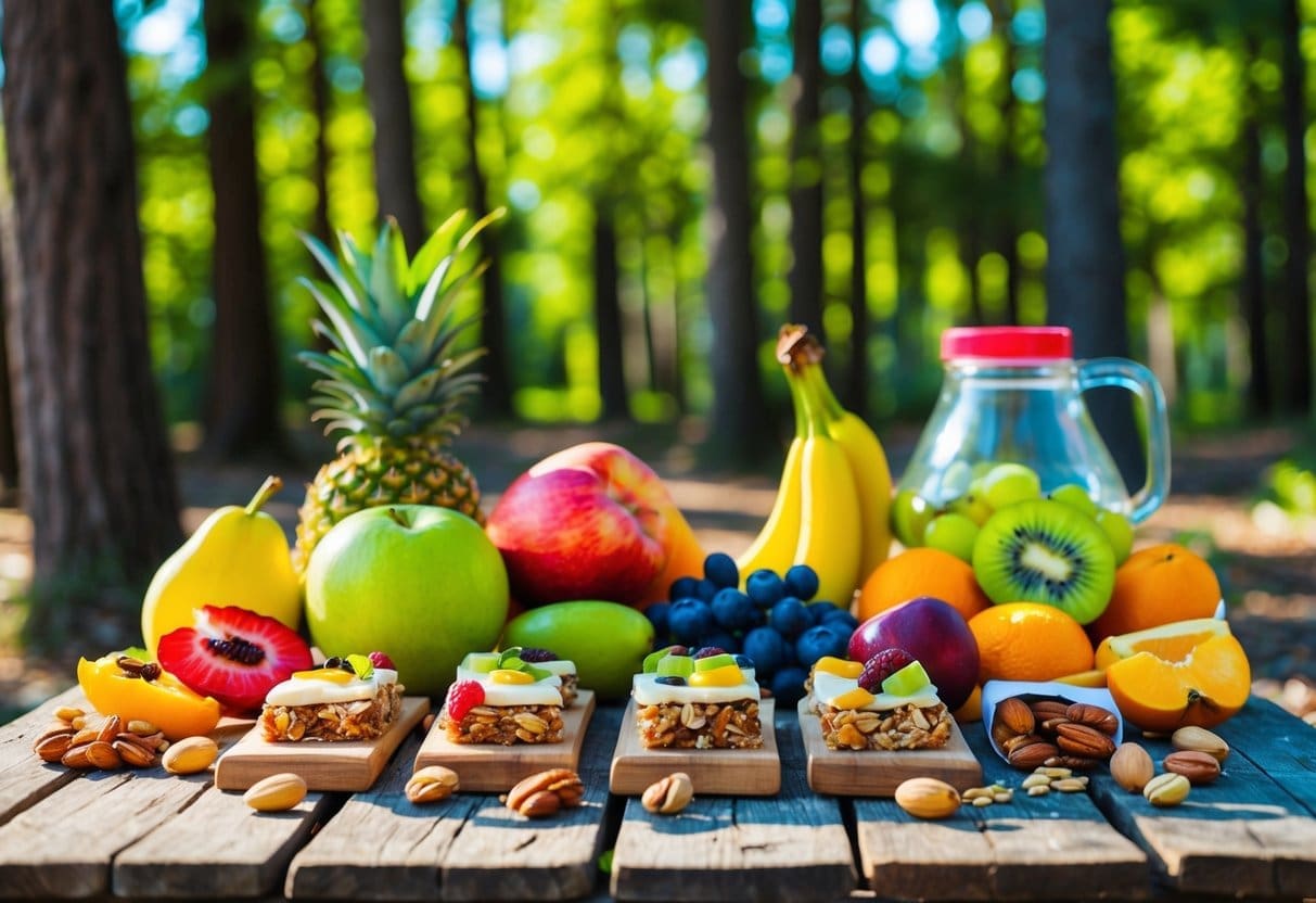 A colorful array of fresh fruits, nuts, and granola bars arranged on a rustic wooden picnic table in the dappled sunlight of a forest clearing
