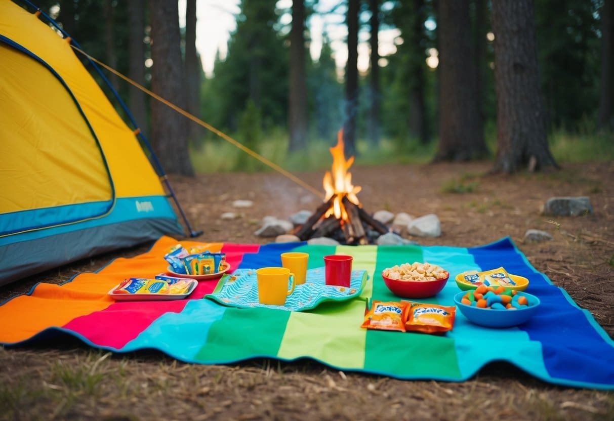 A colorful campsite with a picnic blanket spread out, surrounded by trees and a small campfire. Various kid-friendly snacks are laid out on the blanket