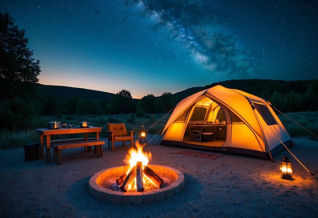 A campsite with a crackling fire, a sturdy tent, a neatly organized cooking area, hanging lanterns, and a cozy seating arrangement under a starry sky