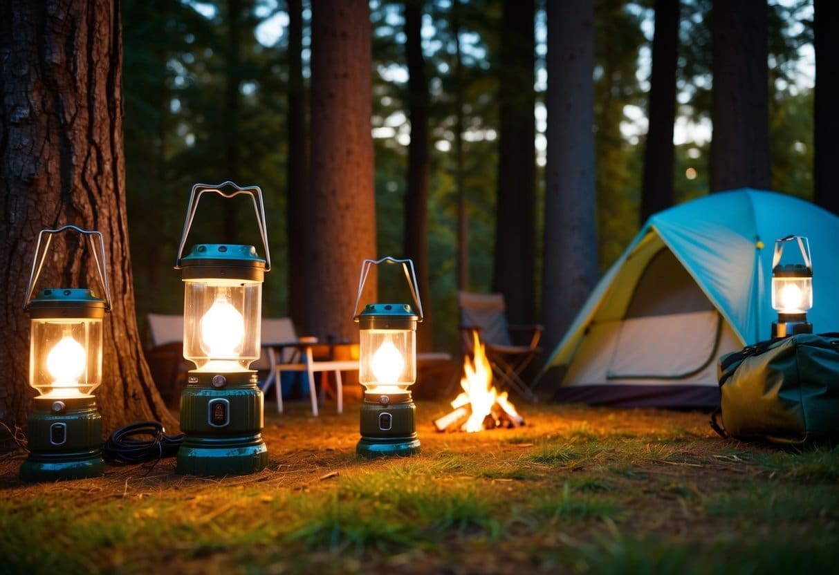Several LED camping lanterns illuminate a cozy campsite nestled among tall trees, casting a warm glow on a neatly arranged tent, campfire, and camping gear