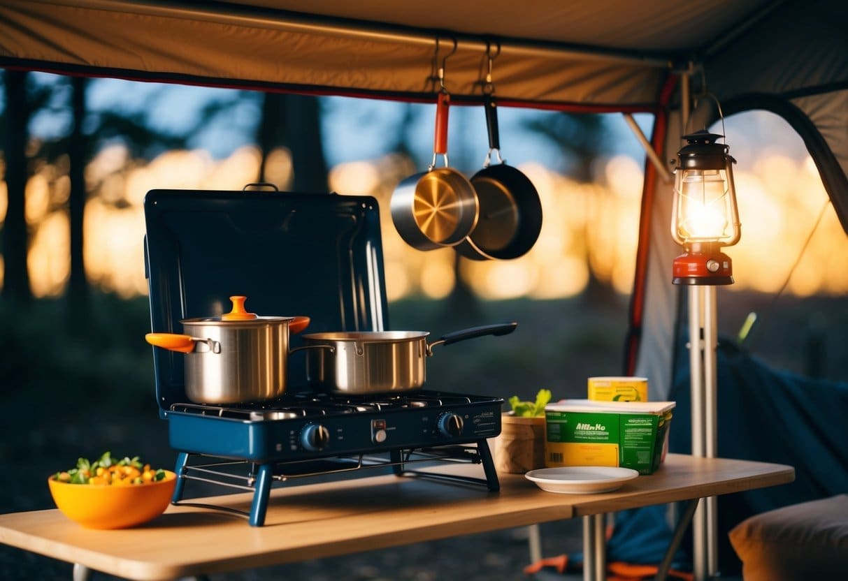 A campsite kitchen station with a portable stove, cooking utensils, hanging pots and pans, a table with food supplies, and a lantern for lighting