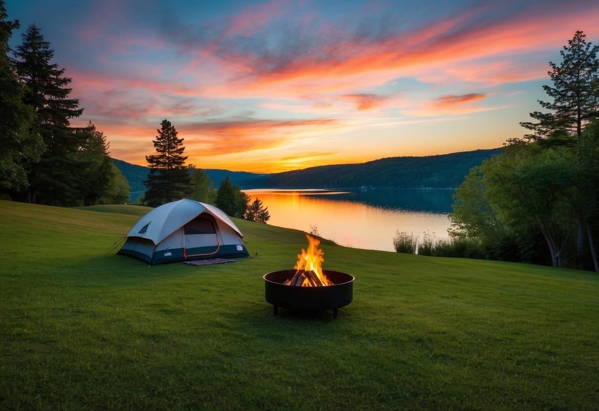 A campsite on a grassy hill overlooking a serene lake, with a colorful sunset in the background and a cozy fire pit in the center