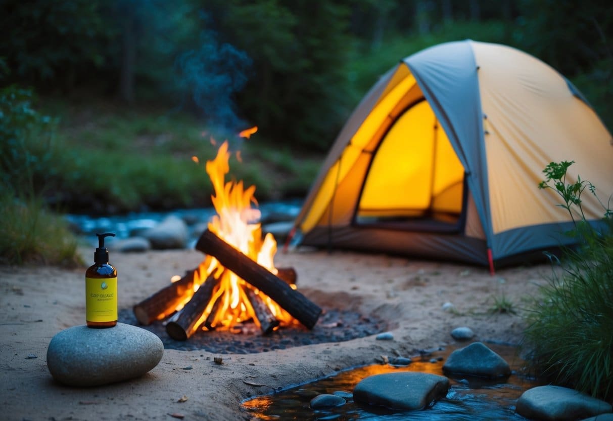 A serene campsite with a crackling fire, a tent pitched on soft ground, and a small stream nearby. A bottle of biodegradable soap sits on a rock