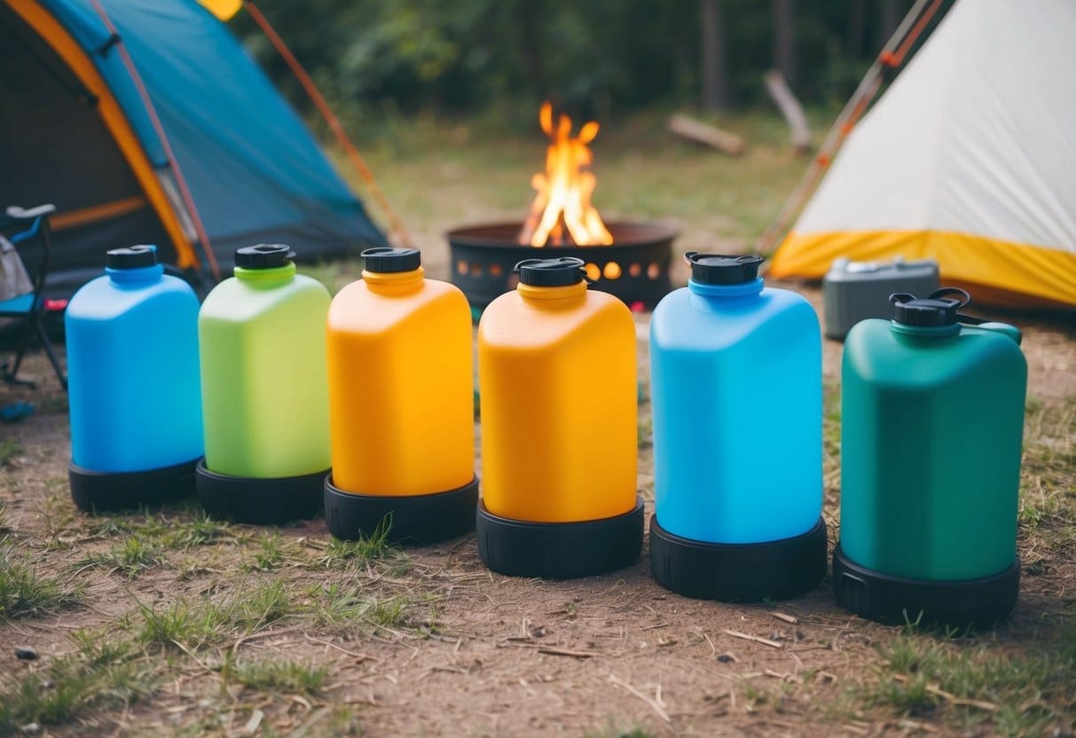 Several collapsible water containers arranged neatly around a campsite with a tent, campfire, and other camping gear in the background