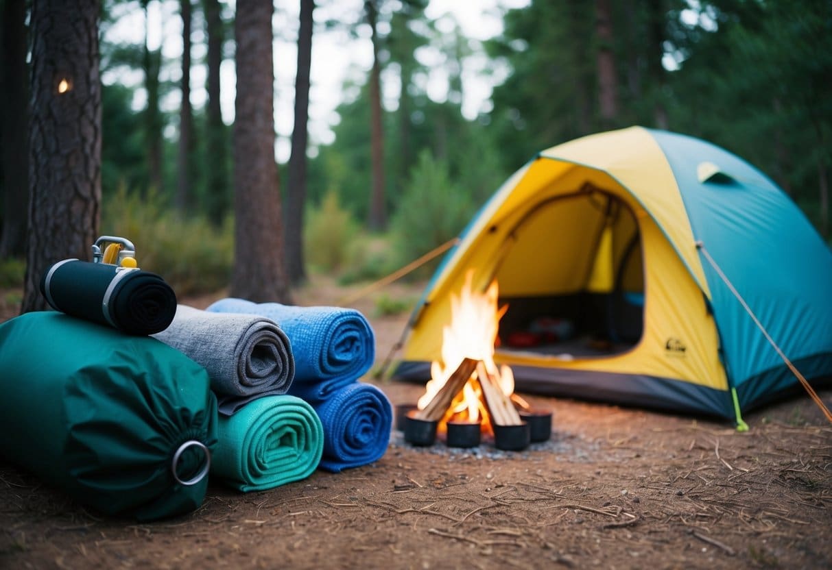 A campsite with a tent, campfire, and camping gear laid out. Microfiber towels are neatly packed alongside other camping essentials
