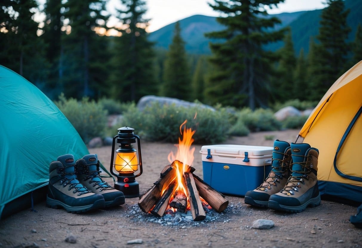 A campsite with a tent, sleeping bags, lantern, cooking stove, cooler, and hiking boots arranged neatly around a crackling campfire