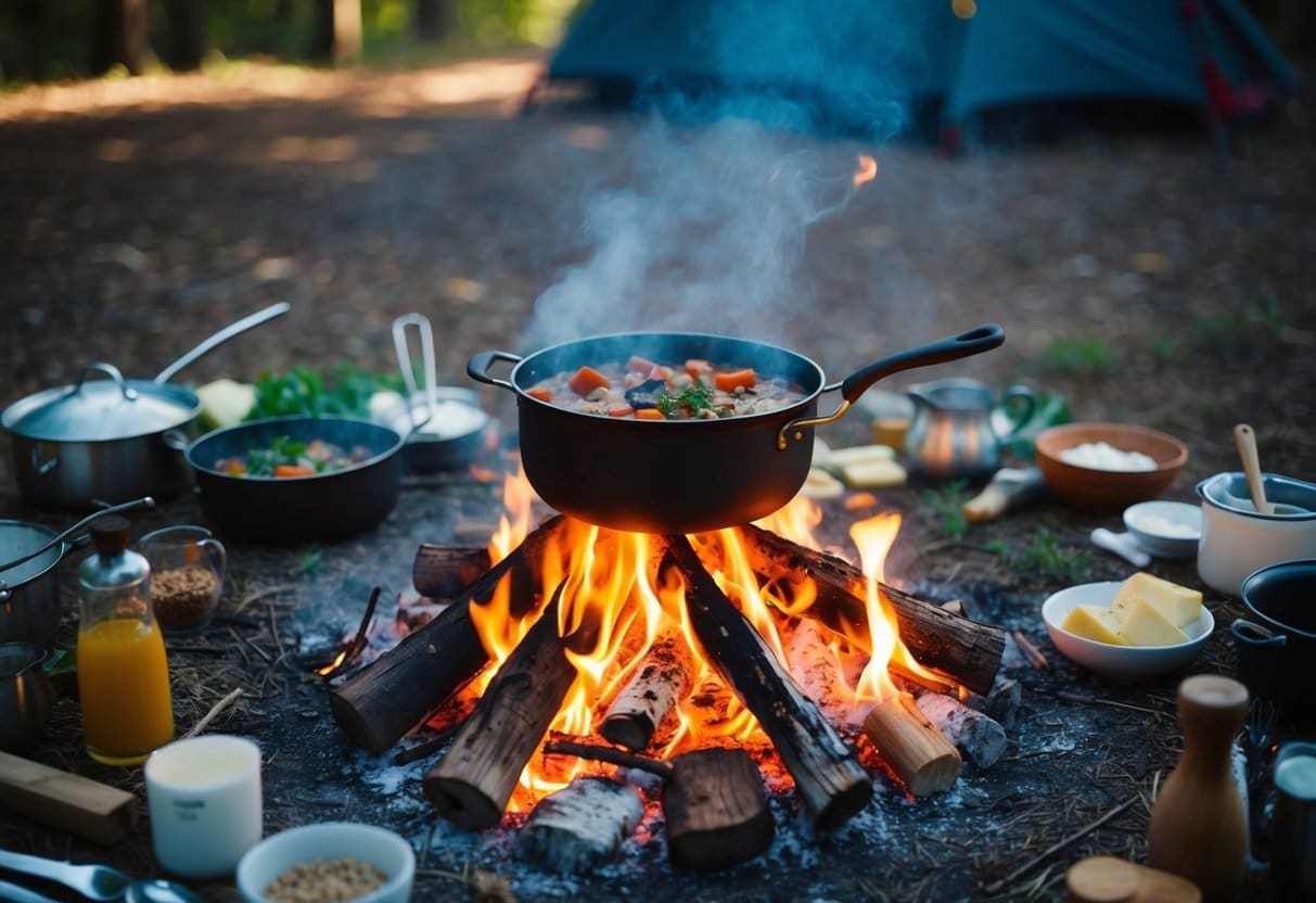A campfire surrounded by various cooking utensils and ingredients, with a pot of stew simmering over the flames