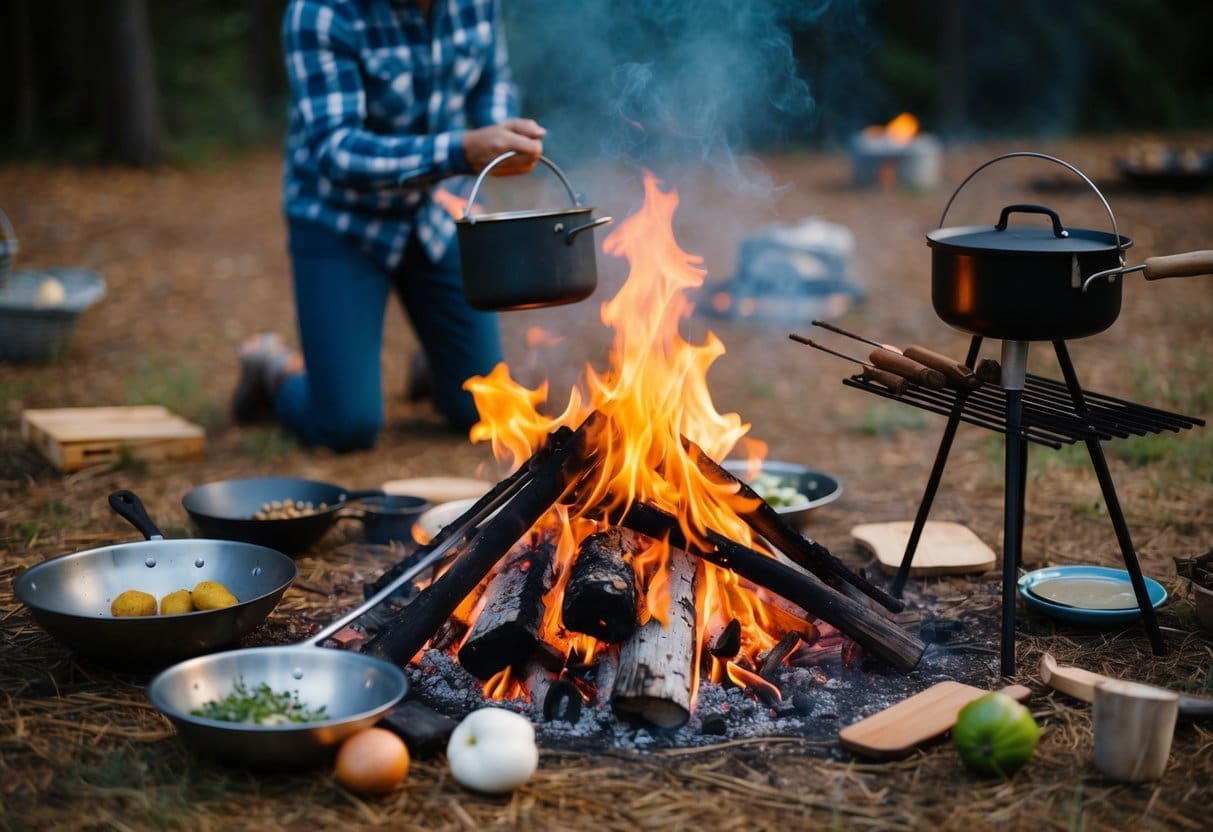 A campfire surrounded by various cooking utensils and ingredients, all helpful when thinking about campground cooking hacks (despite the mess) with a pot hanging over the flames and a makeshift grill set up nearby