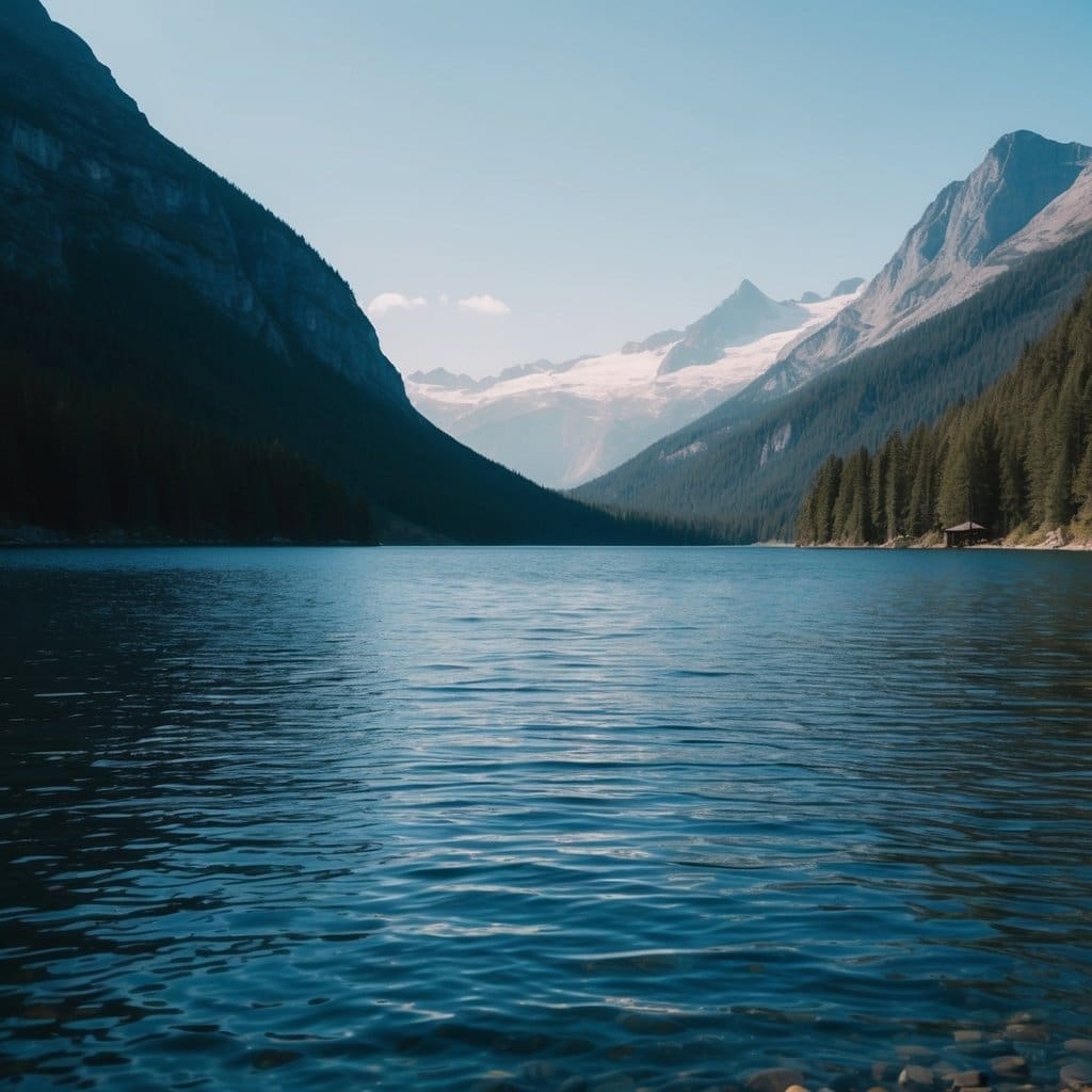 A family sits around a crackling campfire, toasting marshmallows as the sun sets behind the mountains. Tents and backpacks are scattered around the clearing, and a trailhead sign points towards the forest