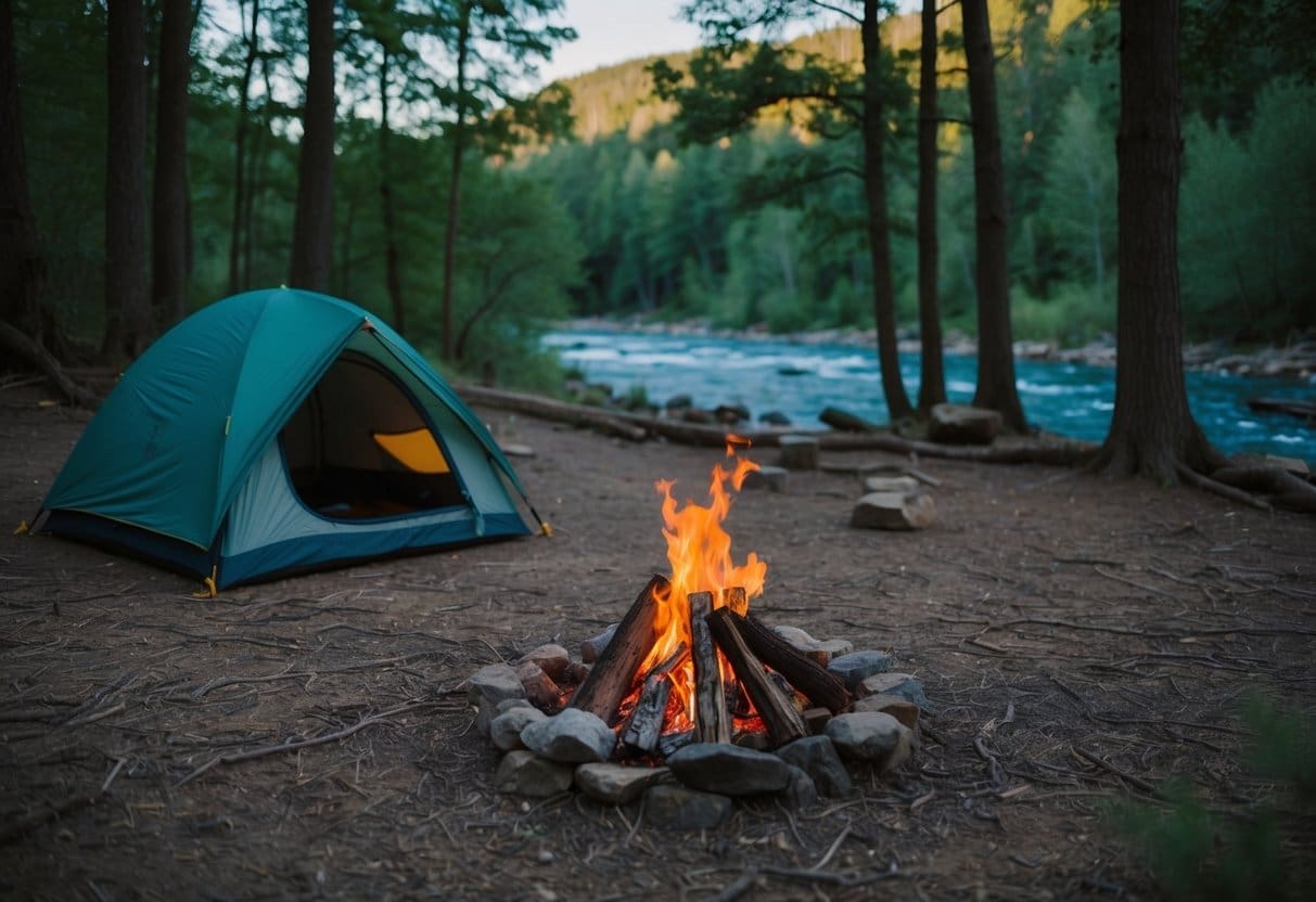 A serene forest clearing with a tent pitched, a crackling campfire, and a river flowing in the background