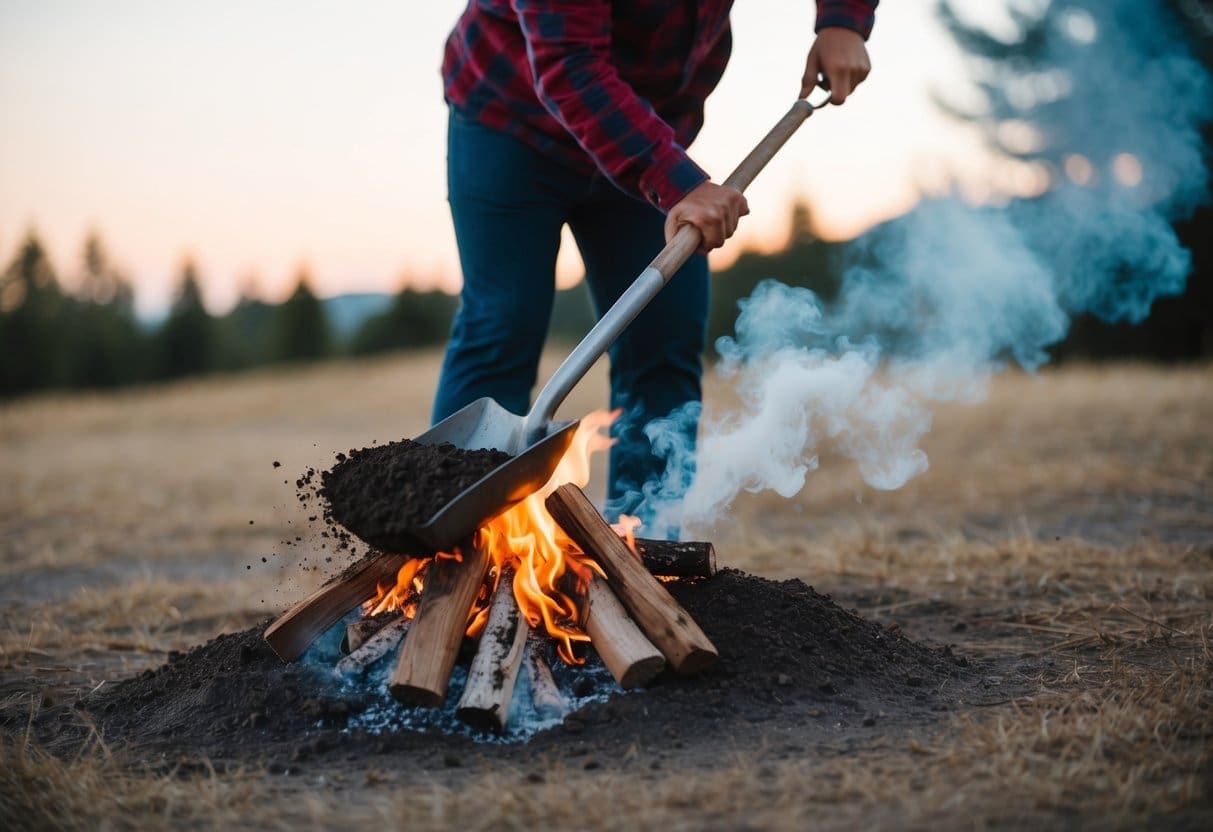 A person uses a shovel to spread dirt over a campfire, extinguishing the flames. Smoke rises from the smoldering embers