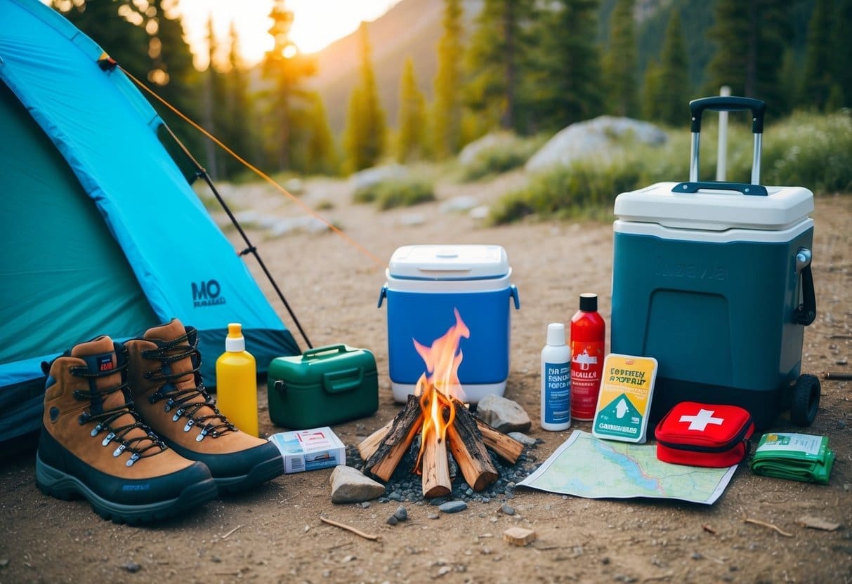 A campsite with a tent, sleeping bags, a cooler, and a campfire surrounded by hiking boots, insect repellent, a first aid kit, and a map
