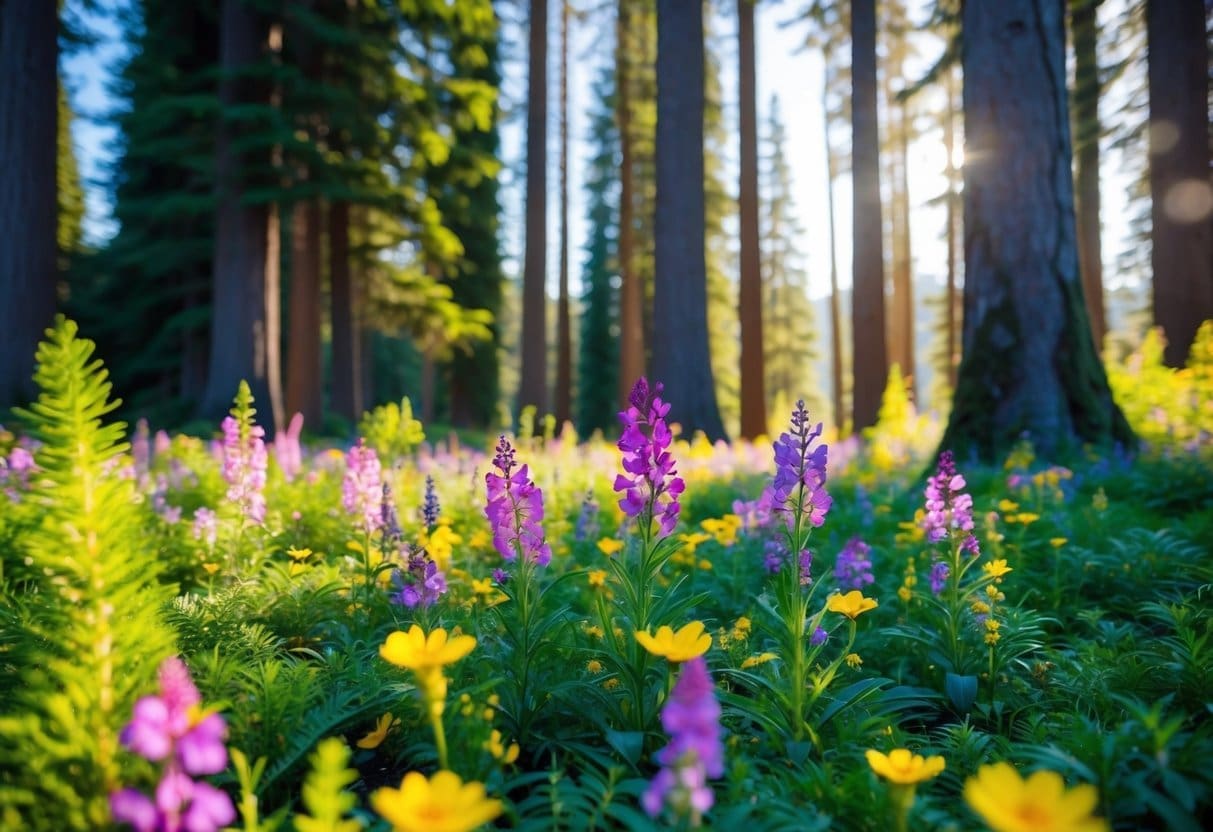 A lush forest floor with vibrant wildflowers in shades of purple, pink, and yellow, surrounded by towering evergreen trees and dappled sunlight