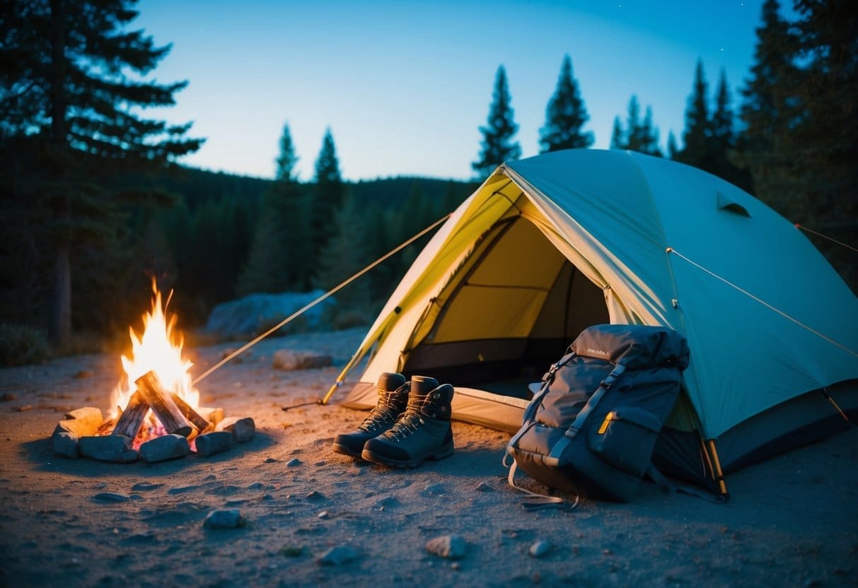 A campsite with a tent, sleeping bag, backpack, hiking boots, and a campfire surrounded by trees and a clear night sky. Perfect beginner camping gear.