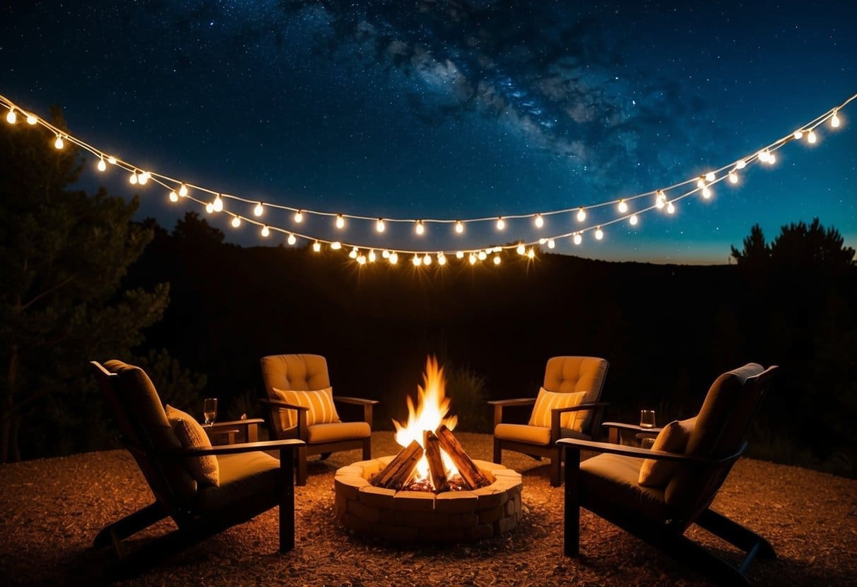 A campfire surrounded by cozy seating, twinkling string lights, and a starry night sky above. The perfect cozy campsite setup.