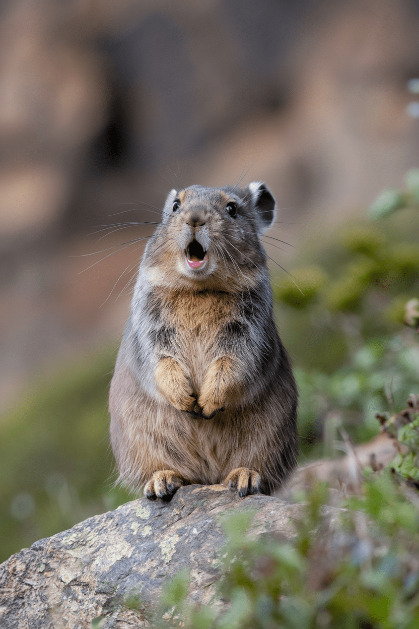 American pikas in Washington with its mouth open, showcasing its cute features.