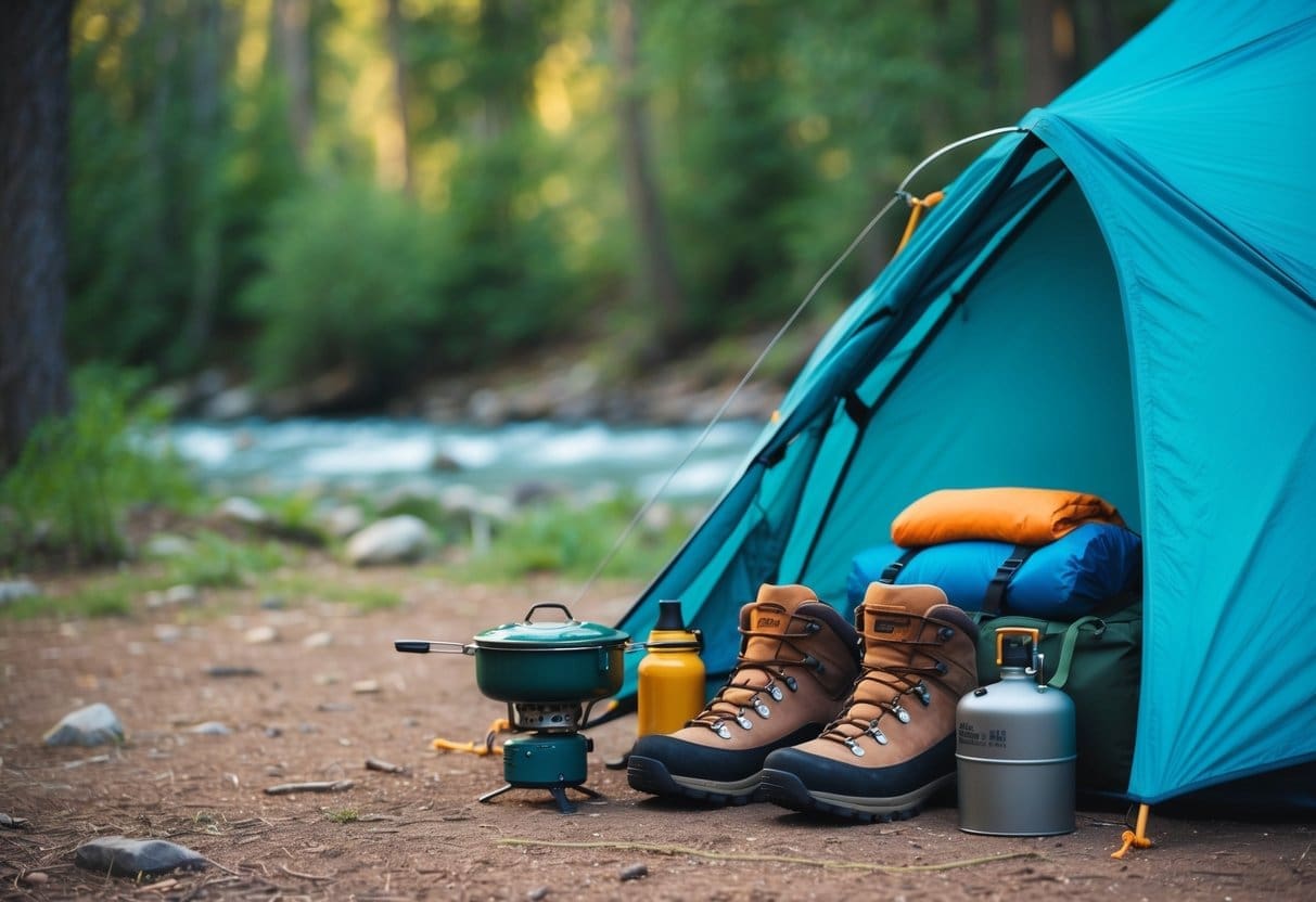 A campsite with a tent, sleeping bag, backpack, hiking boots, and a camp stove set up in a forest clearing with a river in the background