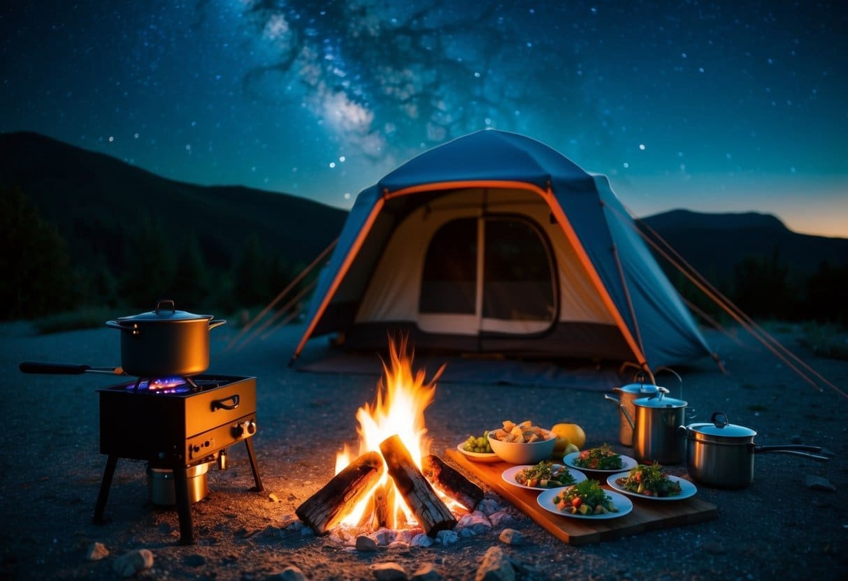 A cozy campsite with a crackling fire, a portable stove, and a spread of gourmet meals under a starry night sky