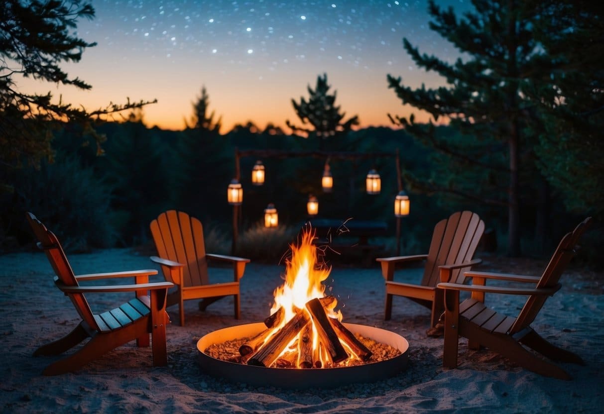 A crackling campfire surrounded by cozy chairs, with soft lanterns casting a warm glow on the surrounding trees and a starry sky above
