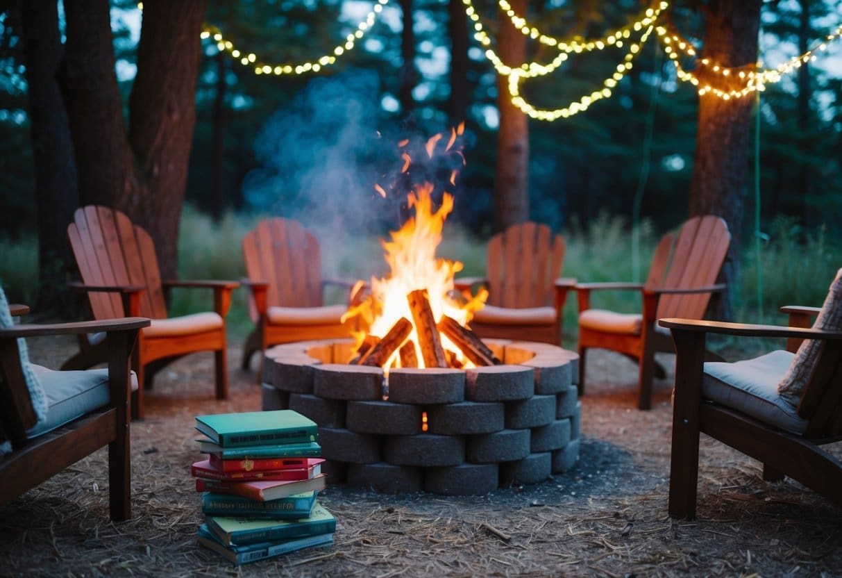 A crackling campfire surrounded by a circle of cozy chairs, with a stack of storybooks nearby and twinkling fairy lights hanging from the trees