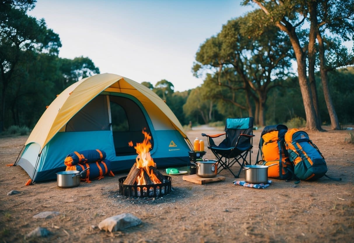 A campsite with a tent, sleeping bags, backpacks, cooking equipment, and a campfire surrounded by trees and a clear sky