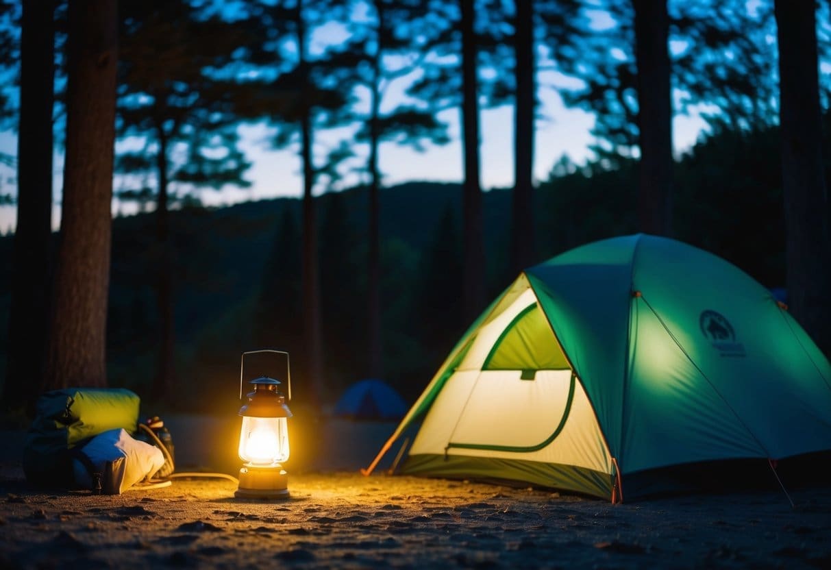 A campsite at dusk, with a glowing lantern illuminating a tent and camping gear. The surrounding trees cast long shadows in the fading light