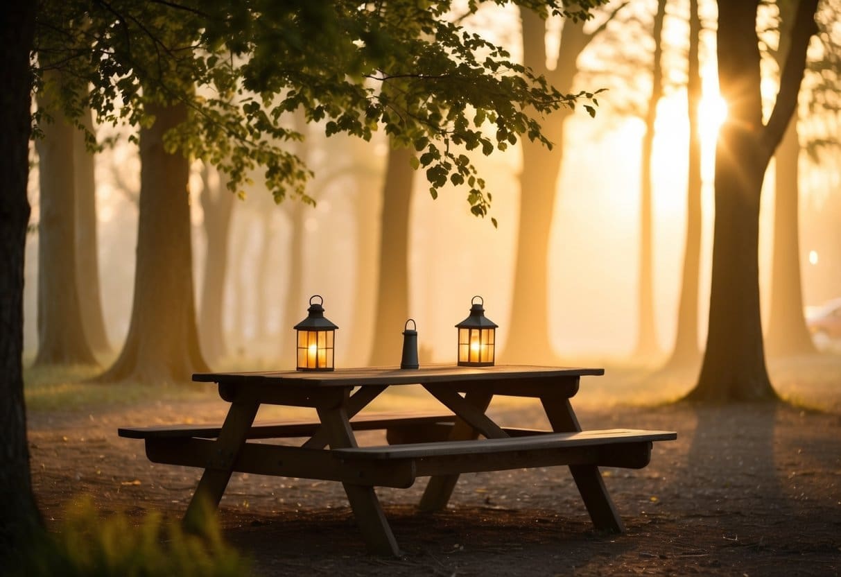 Soft, warm light filters through the trees, casting gentle shadows on the rustic wooden picnic tables and flickering lanterns, creating a cozy campground atmosphere