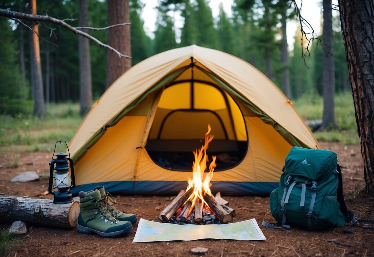 A tent pitched in a forest clearing, surrounded by a campfire, backpack, and hiking boots. A lantern hangs from a tree branch, and a map is spread out on a log