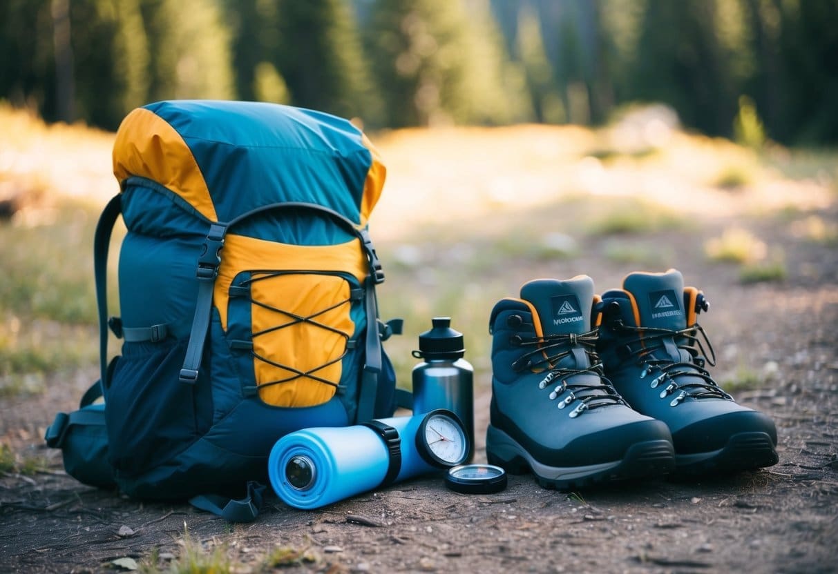 A backpack with a sleeping bag, tent, hiking boots, water bottle, compass, and flashlight laid out on the ground