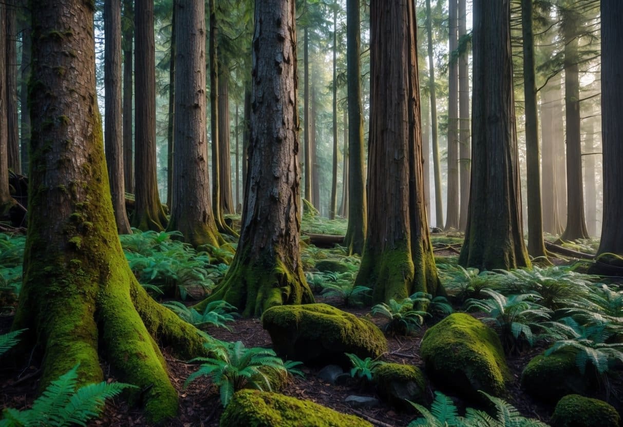 A lush forest with 10 distinct PNW tree species, each with unique bark, leaves, and shapes, surrounded by ferns and moss-covered rocks
