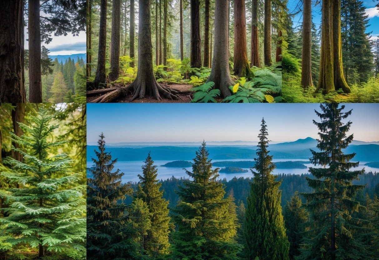 A lush forest with 10 distinct tree species, each with unique features like leaves, bark, and size, set against the backdrop of the Pacific Northwest landscape