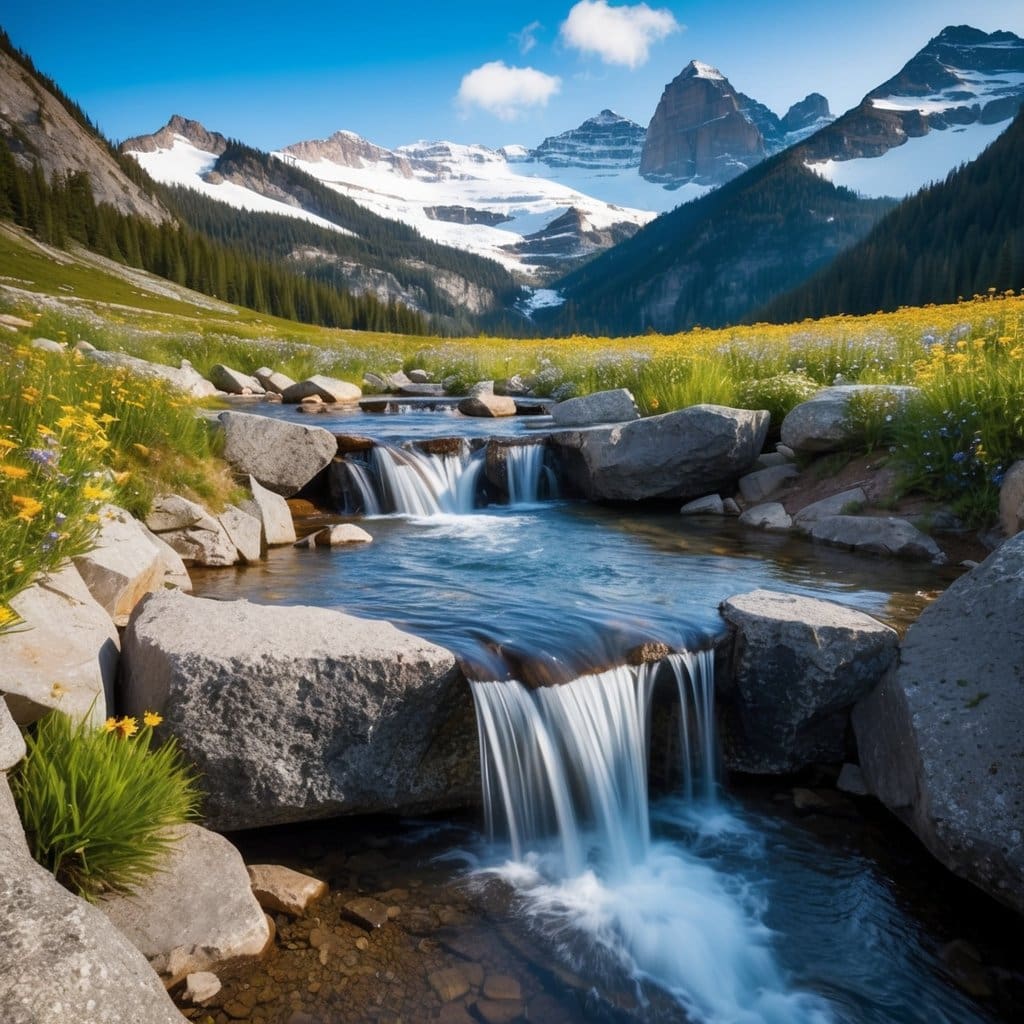 A lush, moss-covered forest surrounds a clear, rushing stream, leading to a series of five stunning waterfalls cascading down the rugged North Cascades