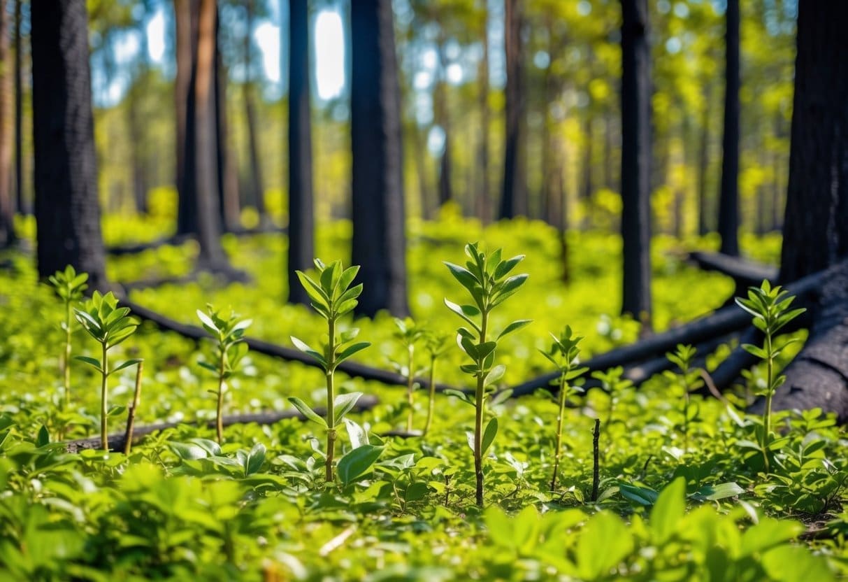 A lush, green forest floor with young saplings sprouting up among the charred remains of burnt trees. The sunlight filters through the canopy, illuminating the new growth