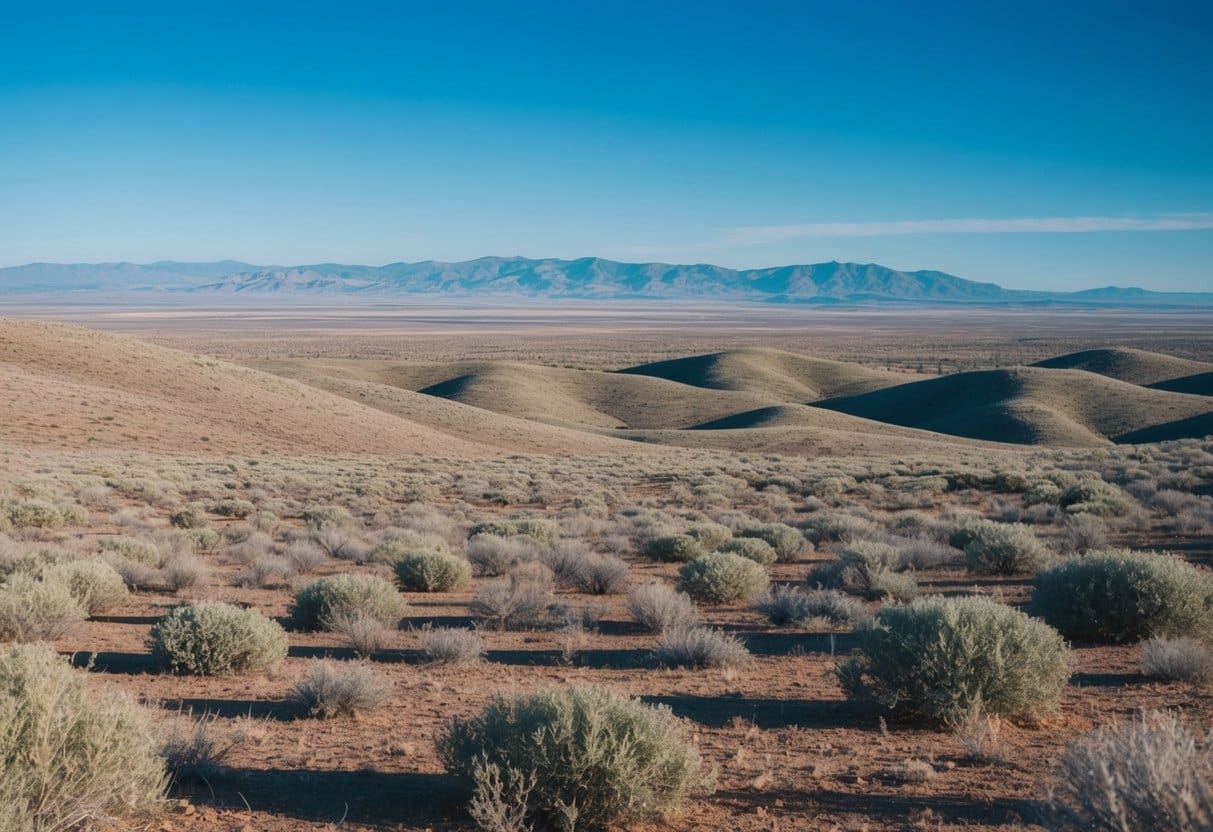 A vast expanse of shrub-steppe ecosystem with rolling hills, scattered sagebrush, and distant mountains under a clear blue sky