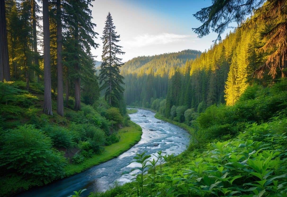 A lush lowland forest in Washington with a winding river flowing through the valley, surrounded by towering trees and diverse plant life