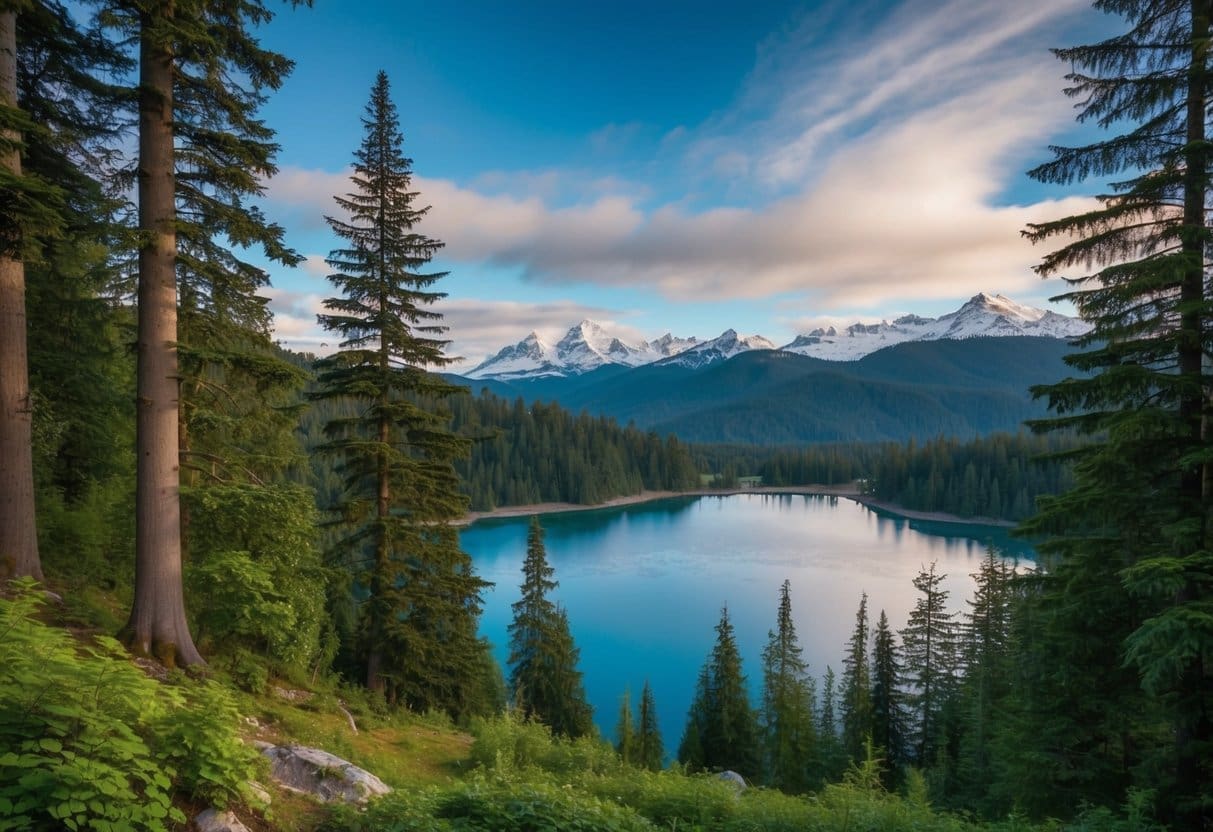 Tranquil alpine lake bordered by dense evergreen forest and snow-capped mountains, reflecting the scenic variety of Washington ecosystems.