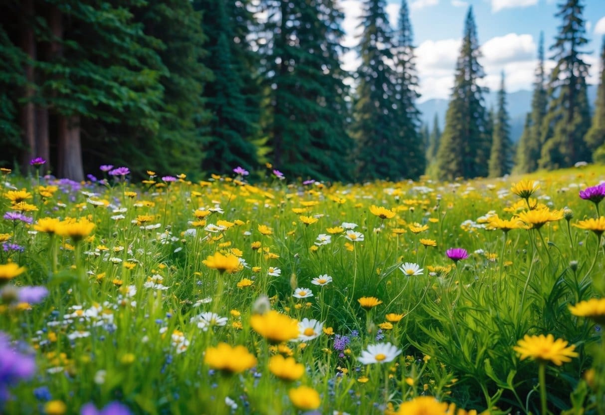 A lush meadow filled with vibrant wildflowers, nestled among towering evergreen trees in the Pacific Northwest